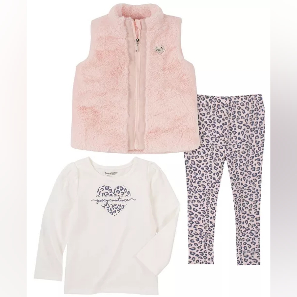 Juicy Couture 3 Piece Faux Fur Zip-Up Vest, Logo T-shirt & Printed Leggings Set